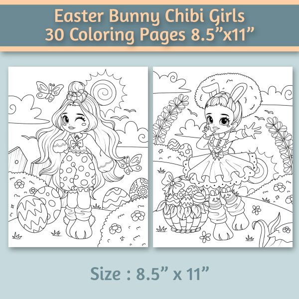 Easter Bunny Chibi Girls 30 Coloring Pages 8.5”x11” - Image 2