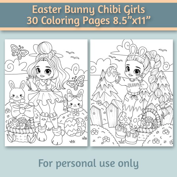 Easter Bunny Chibi Girls 30 Coloring Pages 8.5”x11” - Image 4