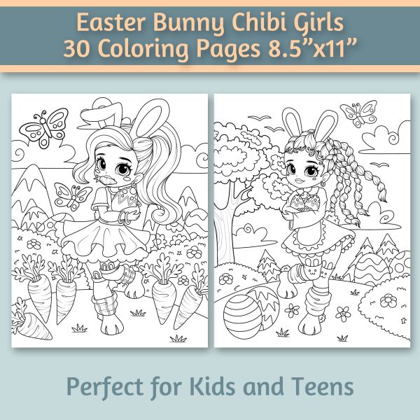 Easter Bunny Chibi Girls 30 Coloring Pages 8.5”x11” - Image 5