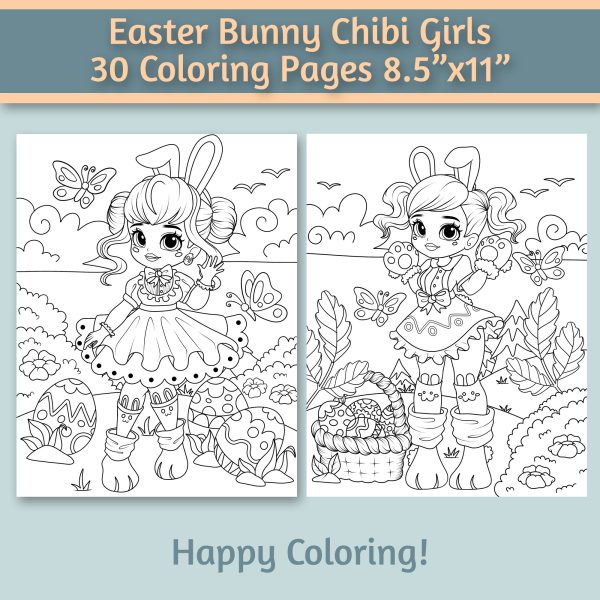 Easter Bunny Chibi Girls 30 Coloring Pages 8.5”x11” - Image 6