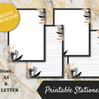 black and gold smoky flowers printable stationery