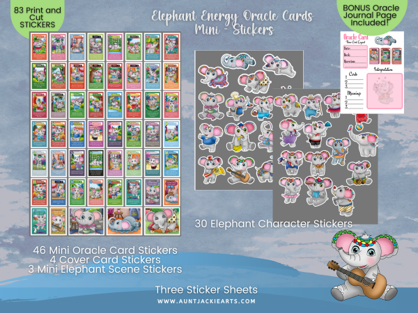 STICKERS Elephant Energy Oracle Cards - Mini Stickers and Elephant Character-Sticker 83 Stickers - 3 Sheets - Oracle Card, Tarot Card, 1 Bonus Oracle Card Spread