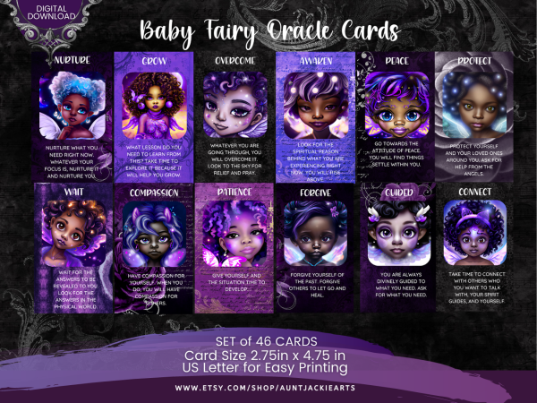 PRINTABLE CARD Deck - Baby Fairy Oracle Card Deck - Tarot Sized Cards 2.75 x 4.75 - US Letter - Digital Download - 46 Cards - Purple Gold - Image 3