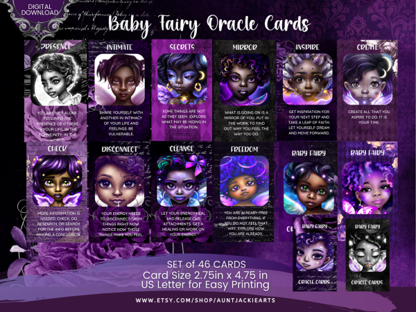 PRINTABLE CARD Deck - Baby Fairy Oracle Card Deck - Tarot Sized Cards 2.75 x 4.75 - US Letter - Digital Download - 46 Cards - Purple Gold - Image 4