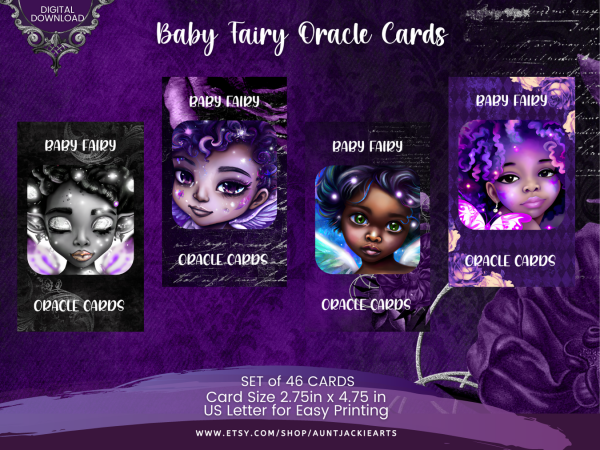 PRINTABLE CARD Deck - Baby Fairy Oracle Card Deck - Tarot Sized Cards 2.75 x 4.75 - US Letter - Digital Download - 46 Cards - Purple Gold - Image 5