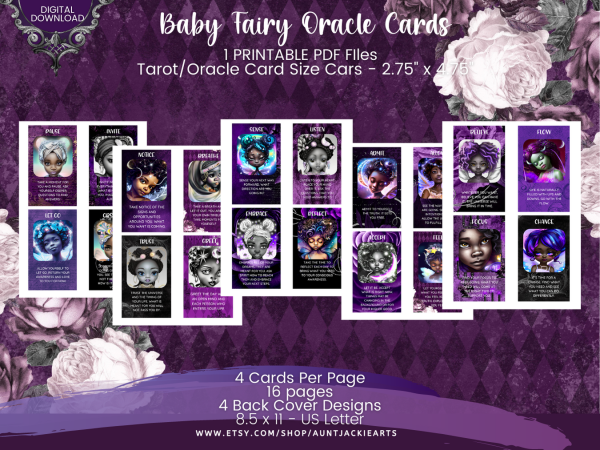 PRINTABLE CARD Deck - Baby Fairy Oracle Card Deck - Tarot Sized Cards 2.75 x 4.75 - US Letter - Digital Download - 46 Cards - Purple Gold - Image 6