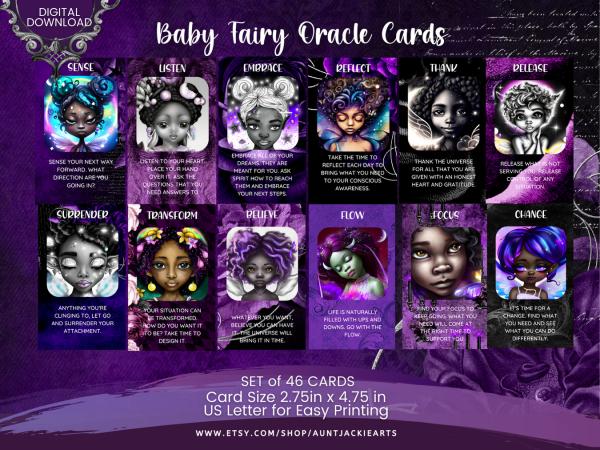 PRINTABLE CARD Deck - Baby Fairy Oracle Card Deck - Tarot Sized Cards 2.75 x 4.75 - US Letter - Digital Download - 46 Cards - Purple Gold - Image 2