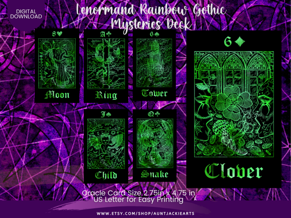 PRINTABLE CARD Deck - Lenormand Rainbow Gothic Mysteries Deck | Tarot Sized 2.75 x 4.75 - US Letter - Digital Download - 36 Cards - Vivid - Image 4