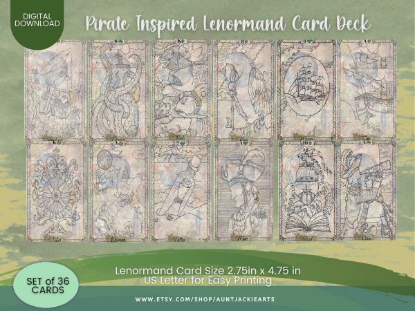 PRINTABLE CARD Deck - | Pirate Inspired Lenormand Card Deck - Tarot Sized 2.75 x 4.75 - US Letter - Digital Download - 36 Cards - Vivid