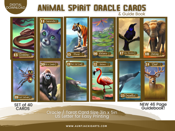 PRINTABLE CARD Deck - Animal Spirit Oracle Card Deck - Oracle / Tarot Sized Cards 3x5 - US Letter - Download - 40 Cards + Guidebook 46 page