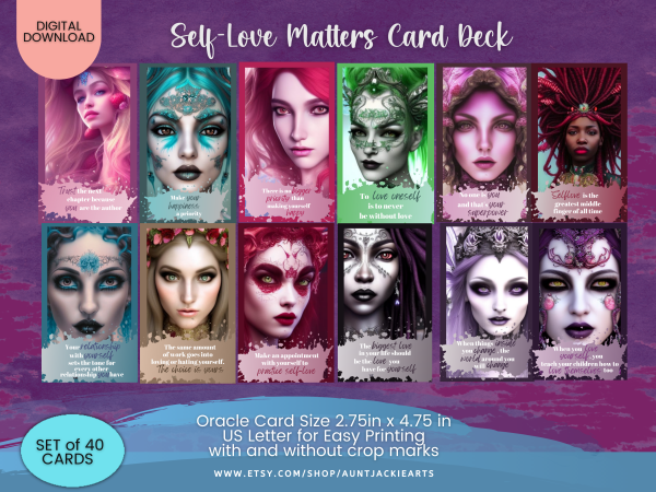 PRINTABLE CARD Deck - Fantasy Themed - Self-Love Card Deck - Tarot Sized 2.75 x 4.75 - US Letter - Digital Download - 40 Cards - Vivid Color - Image 2