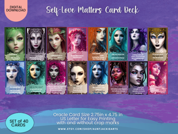 PRINTABLE CARD Deck - Fantasy Themed - Self-Love Card Deck - Tarot Sized 2.75 x 4.75 - US Letter - Digital Download - 40 Cards - Vivid Color - Image 3