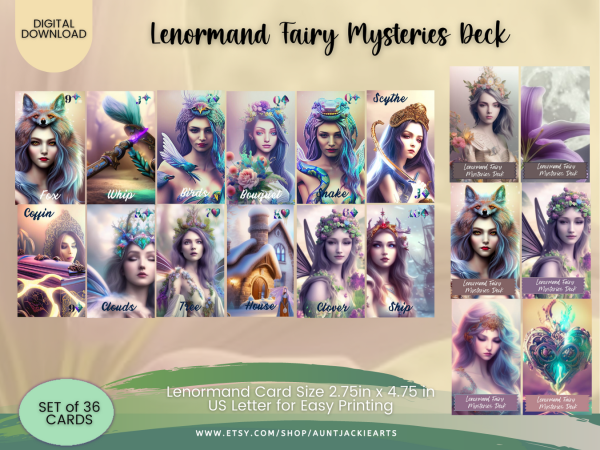 PRINTABLE CARD Deck - Lenormand Fairy Mysteries Deck Card | Tarot Sized 2.75 x 4.75 - US Letter - Digital Download - 36 Cards - Vivid - Image 3