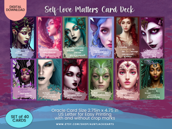 PRINTABLE CARD Deck - Fantasy Themed - Self-Love Card Deck - Tarot Sized 2.75 x 4.75 - US Letter - Digital Download - 40 Cards - Vivid Color