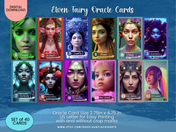 PRINTABLE CARD Deck - Elven Fairy - Oracle Card Deck - Tarot Sized Cards 2.75 x 4.75 - US Letter - Digital Download - 40 Cards - Vivid Color