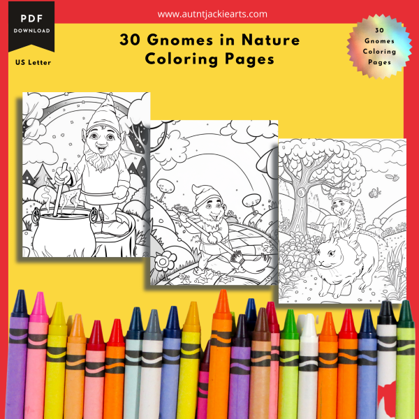 Gnome Coloring, Coloring Page Bundle, Gnome Coloring Pages for Kids, 30 Pages, Kids Coloring Pages, US Letter, Gnome Fairy Houses, Fantasy - Image 3