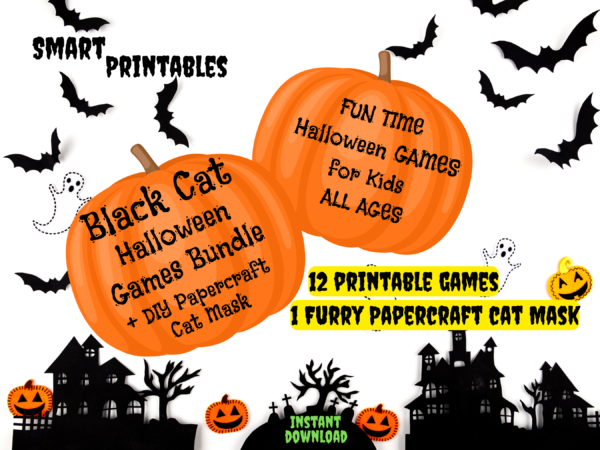 HALLOWEEN Black Cat Games Bundle + Cut Paste & Wear Papercraft Cat Mask DIGITAL DOWNLOAD Printables