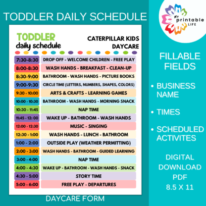 Daycare Daily Schedule for Toddlers Printable Child Care Fillable PDF