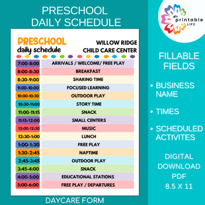 Daycare Daily Schedule for PRESCHOOL Printable Child Care Fillable PDF