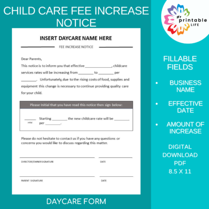 DAYCARE FEE INCREASE Notice, Tuition Rate Increase Letter, Childcare Forms