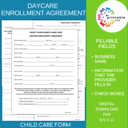 DAYCARE ENROLLMENT AGREEMENT Form, Fillable Child Care Contract