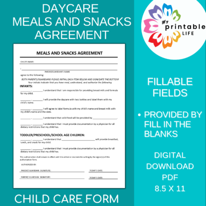 Daycare Meals and Snacks Agreement, Child Care Form