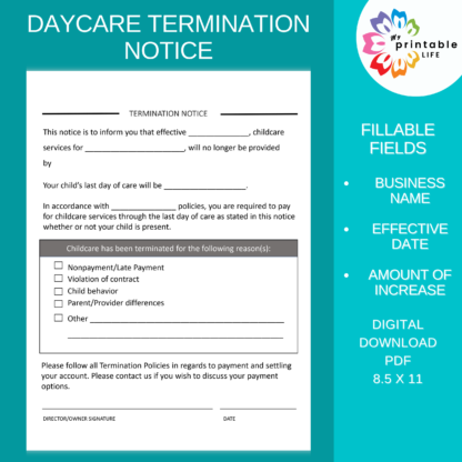 Child Care TERMINATION NOTICE Form Daycare Printable, Childcare Template, Instant Download, Digital File, Editable Name Field