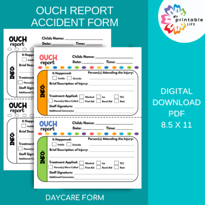 OUCH REPORT- Daycare Printable Child Incident Report, Preschool Accident or Injury Form, Boo Boo Notice