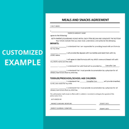 Daycare Meals and Snacks Agreement, Child Care Form - Image 3