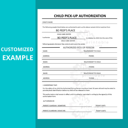 Child Pick-up Authorization Form, Daycare or Child Care, Printable, Childcare Template, Instant Download, Digital File, Editable Name Field - Image 3