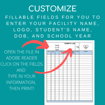 DIABETIC LOG for Health Office, School Nurse Form - Image 2