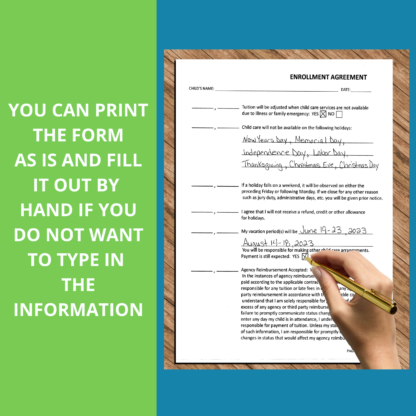 DAYCARE ENROLLMENT AGREEMENT Form, Fillable Child Care Contract - Image 4