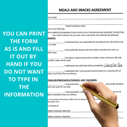 Daycare Meals and Snacks Agreement, Child Care Form - Image 4