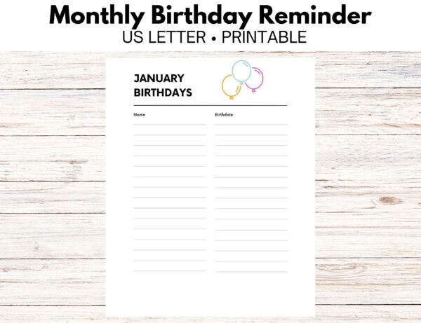 Monthly Birthday Reminder Lists