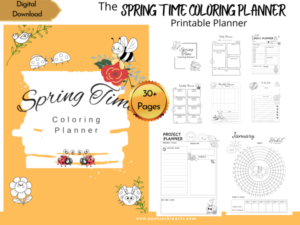 Spring Coloring Planner, PRINTABLE, Daily Planner, Monthly Planner, Weekly Planner, Project Planner, Journal Pages, Ladybugs, Flowers, Sun