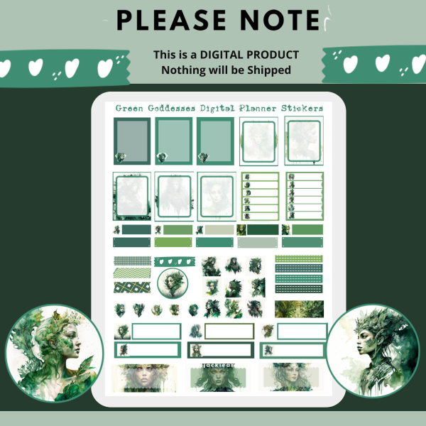 Green Goddess Digital Planner Stickers, Print, and Cut Stickers, Spiritual Stickers, 80+ Stickers, PNG and Transparent PNG Sticker Sheet, Digital Stickers, Digital Planner Stickers, Hunter Green - Image 10