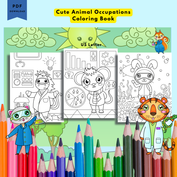 PRINTABLE COLORING - Cute Animal Occupations – Coloring Book - 30 Coloring Pages - US Letter - Animals, Jobs, Llama, Panda, Hippo, Koala - Image 2