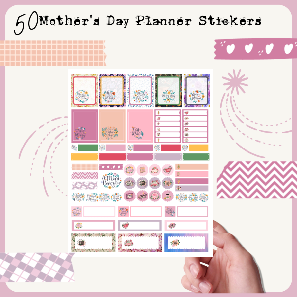 Mothers Day Planner Stickers, Print and Cut Stickers, Flowers Stickers, 50 Stickers, Cute Sticker Sheet, Digital Stickers, Pinks - Image 2