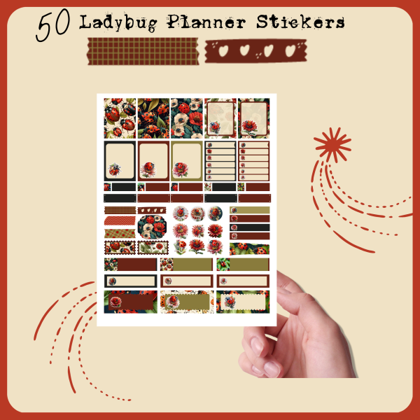 Ladybug Planner Stickers, Set 1, Print and Cut Stickers, Ladybug Stickers, 50 Stickers, Cute Sticker Sheet, Digital Stickers - Image 2