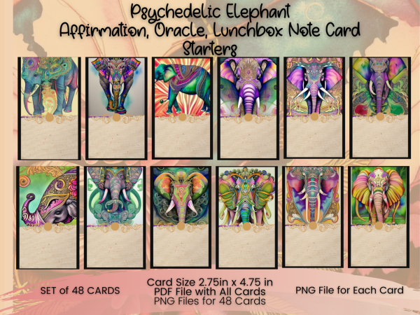 Psychedelic Elephant Affirmation, Oracle, Lunchbox Notes Card Template, 48 Cards, PNG, PDF - Image 2