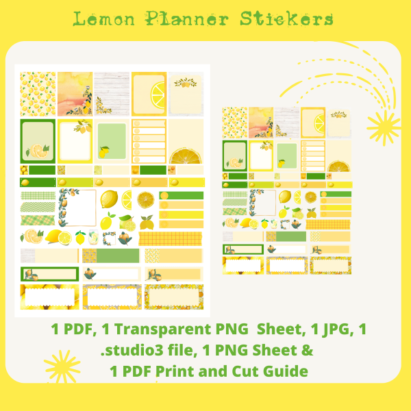 Lemon Planner Stickers, Print and Cut Stickers, Yellow Stickers, 50 Stickers, Cute Sticker Sheet, Digital Stickers, Citrus - Image 3