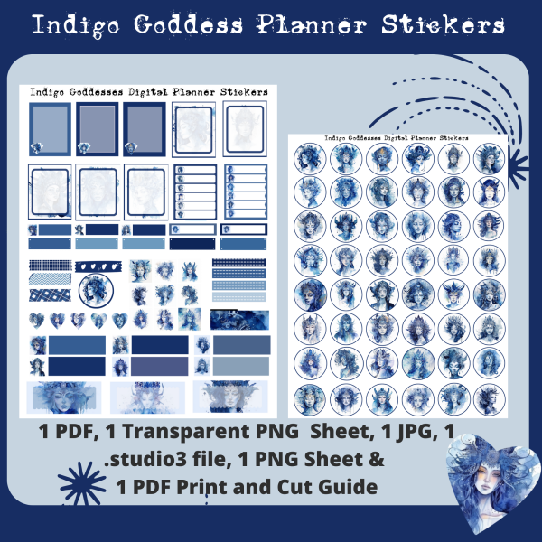 Indigo Goddess Digital Planner Stickers, Print, and Cut Stickers, Spiritual Stickers, 80+ Stickers, PNG and Transparent PNG Sticker Sheet, Digital Stickers, Digital Planner Stickers - Image 3