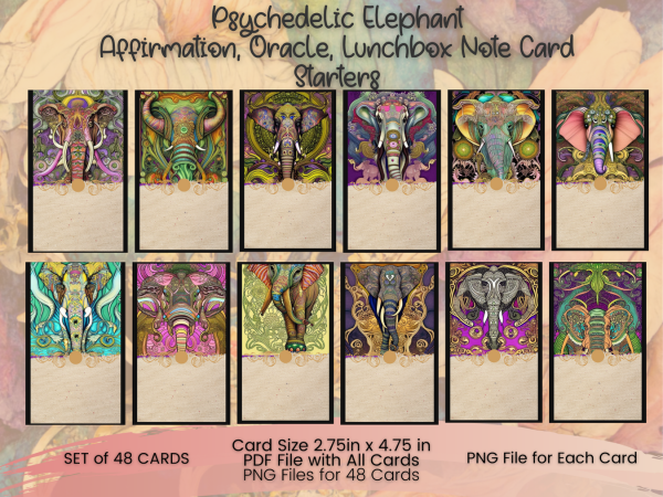 Psychedelic Elephant Affirmation, Oracle, Lunchbox Notes Card Template, 48 Cards, PNG, PDF - Image 3