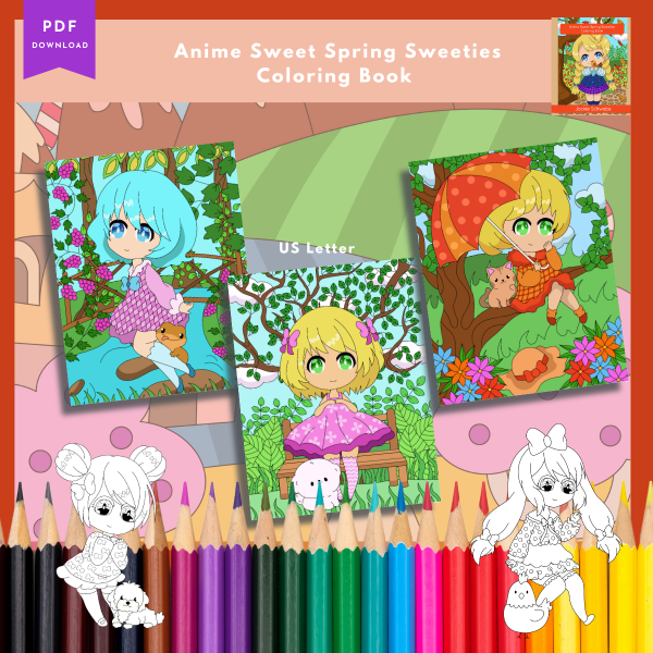 PRINTABLE COLORING Anime Sweet Spring Sweeties – Coloring Book - 30 Coloring Pages - US Letter - Anime Characters - Image 4