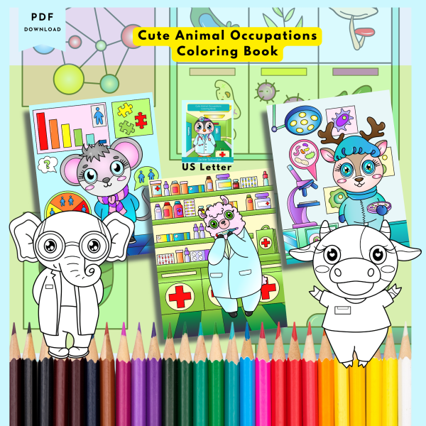 PRINTABLE COLORING - Cute Animal Occupations – Coloring Book - 30 Coloring Pages - US Letter - Animals, Jobs, Llama, Panda, Hippo, Koala - Image 4