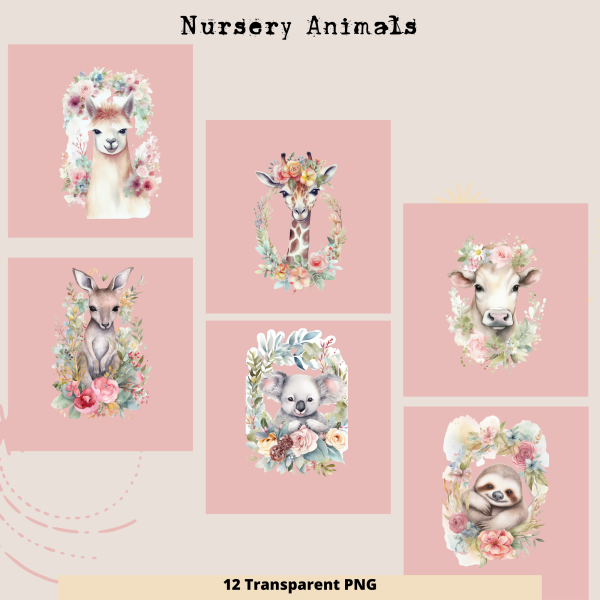 Transparent PNGs - Baby Animals, Set of 12, Koala, Kangaroo, Sloth, Pig, Cow, Sheep, Giraffe, Llama, Zebra - Image 2