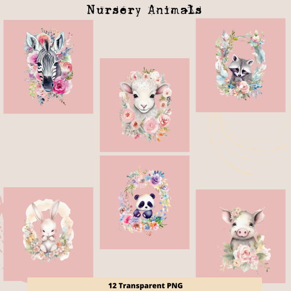 Transparent PNGs - Baby Animals, Set of 12, Koala, Kangaroo, Sloth, Pig, Cow, Sheep, Giraffe, Llama, Zebra - Image 3