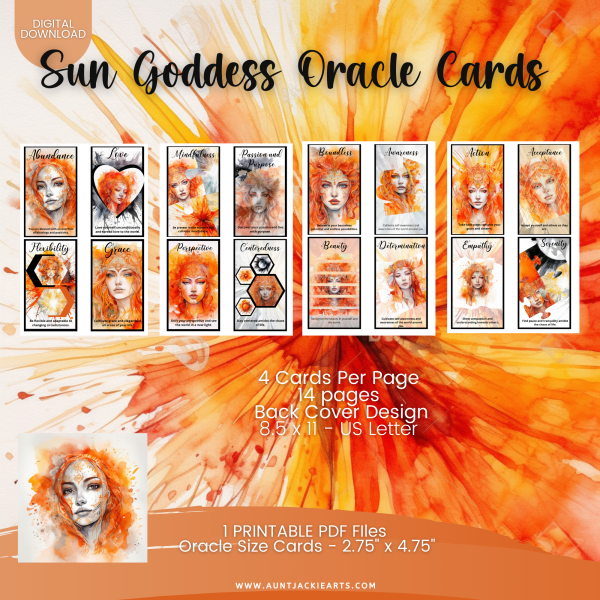 PRINTABLE CARD Deck, Spiritual Women, Orange, Goddess, Oracle Cards, Tarot Size, 2.75 x 4.75, Letter, Digital Download, 40 Cards, Watercolor - Image 4