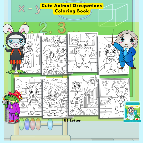 PRINTABLE COLORING - Cute Animal Occupations – Coloring Book - 30 Coloring Pages - US Letter - Animals, Jobs, Llama, Panda, Hippo, Koala - Image 6