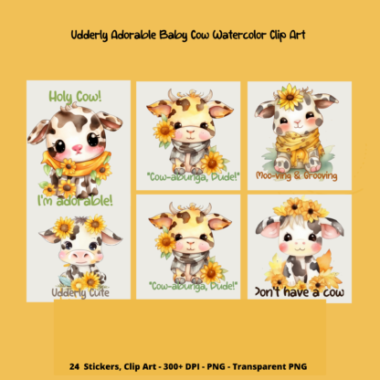 Udderly Adorable Clip Art Set of 24, Cute Cow PNG, SVG and Sublimation Design, Instant Download with Commercial Use License, Transparent PNG - Image 2